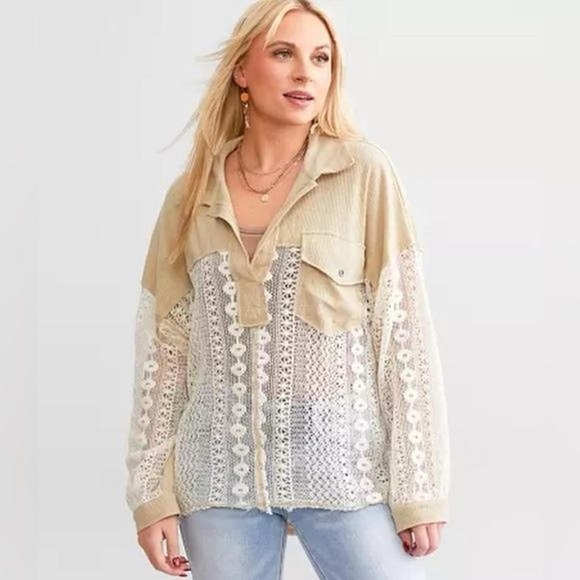 POL Boho Off White Lace Crochet Oversized Pullover Top - Picture 5 of 5